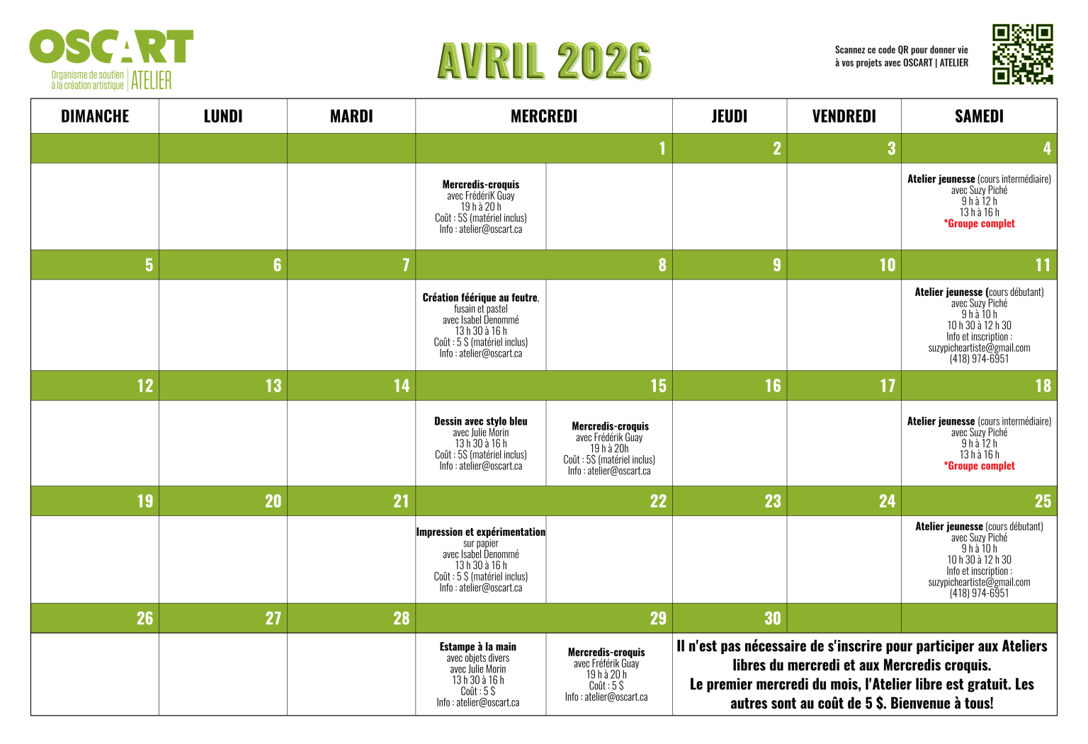 Calendrier du mois d'avril 2026 - OSCART | ATELIER